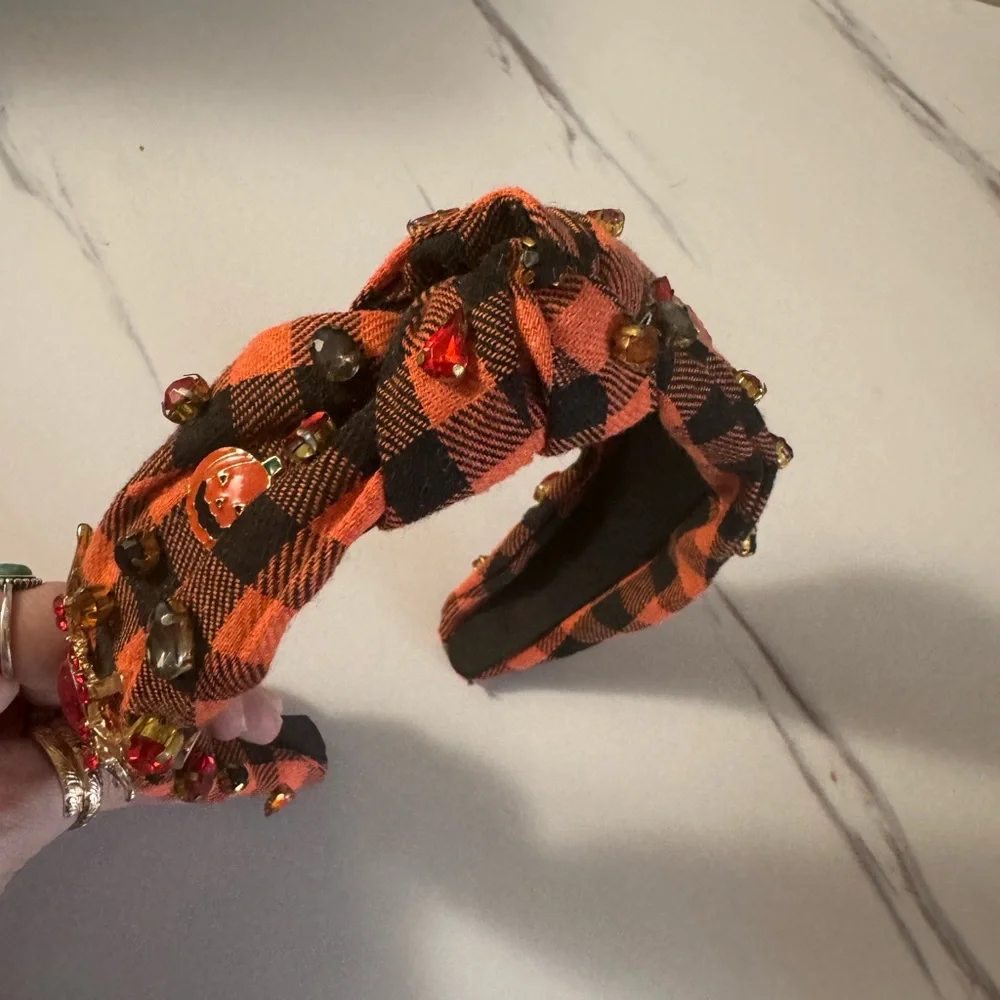 Halloween Embellished Headband Orange Plaid